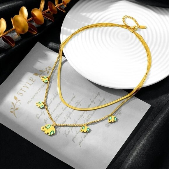 Color Drawing 5 Elephants Charm 2-Layer Choker Necklaces - Picture 4 of 6